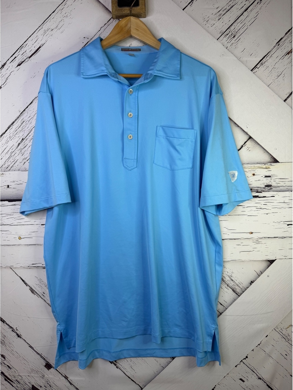 Peter Millar Polo Shirt Light Blue Short Sleeve Tech Knit Pocket Golf Men’s LG